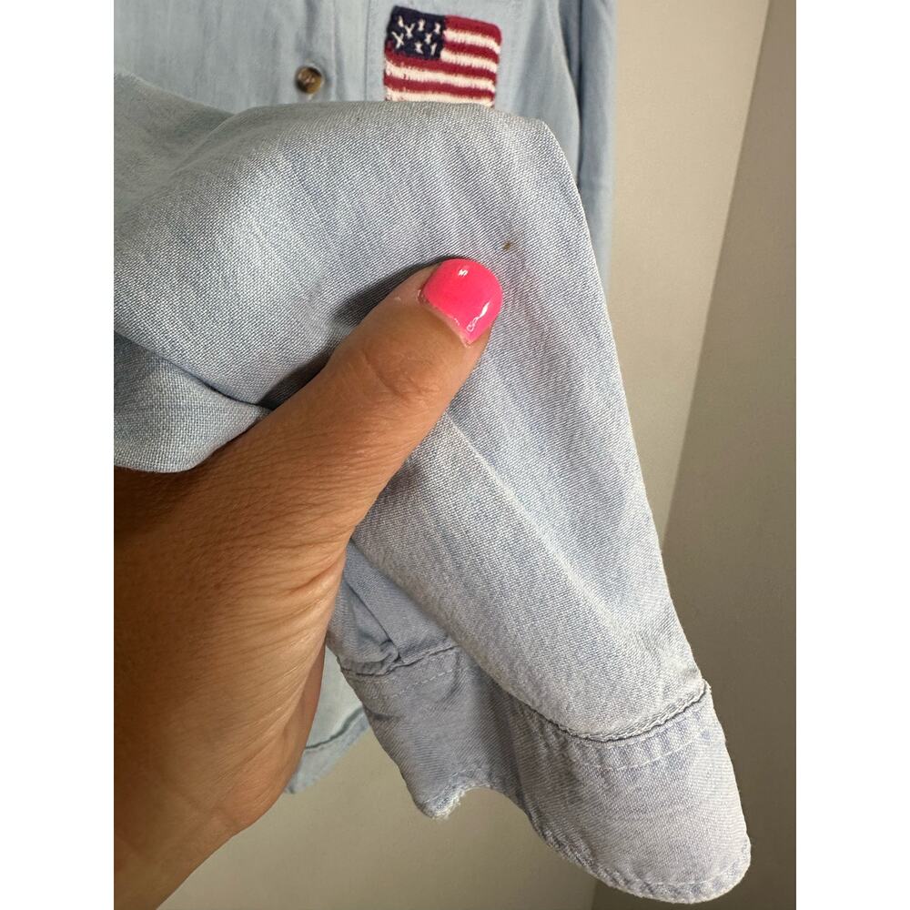Vintage 90s Casey & Max Chambray Button Down Crochet Flag Patch America Size M - Picture 7 of 8